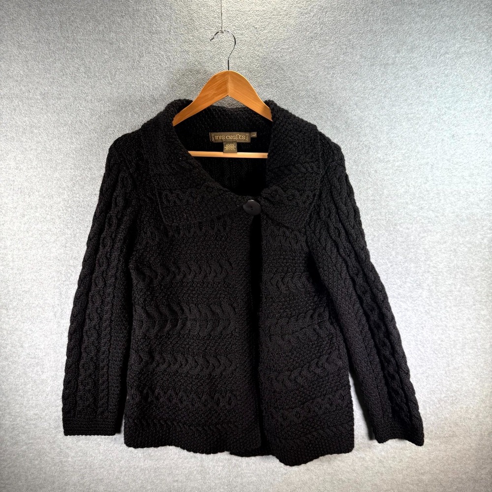 Vintage Inis Crafts Chunky Cardigan Sweater Women's Large Black Cable Knit‎ Wool